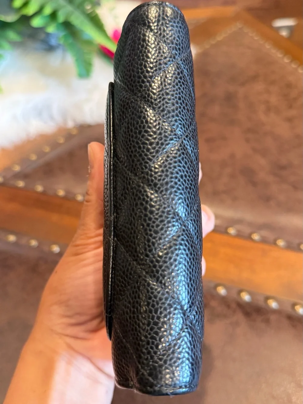 CHANEL Black Quilted Caviar Leather Card Case with Gold CC Snap